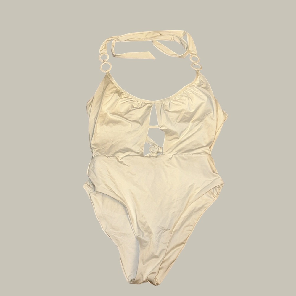 Trina Turk Bathing Suit Size 12 One-Piece White Tie Neck